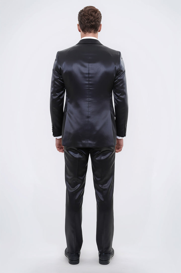 WSS Two Piece Two Buttons Modeled Lapel Satin Black Men Groom Suit - Toulouse
