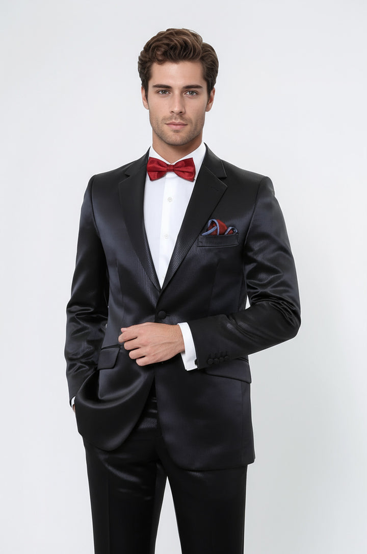 WSS Two Piece Two Buttons Modeled Lapel Satin Black Men Groom Suit - Toulouse