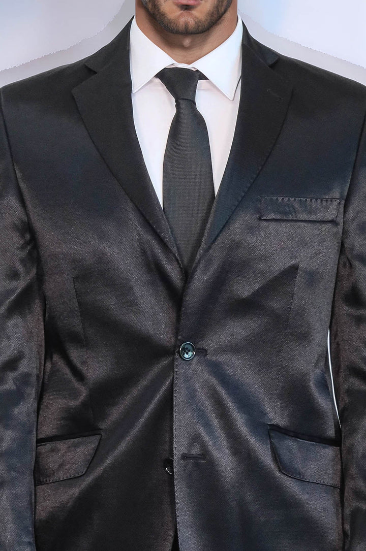 WSS Two Buttons Two Piece Slim Fit Satin Black Men Suit - Peristéri