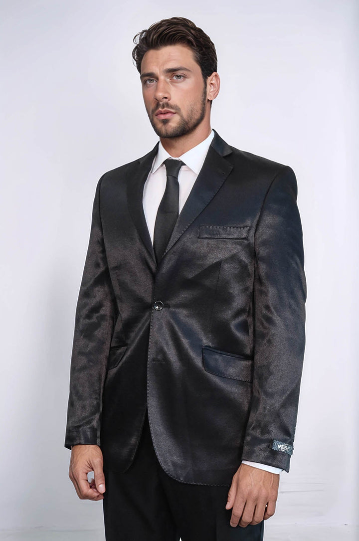 WSS Two Buttons Two Piece Slim Fit Satin Black Men Suit - Peristéri