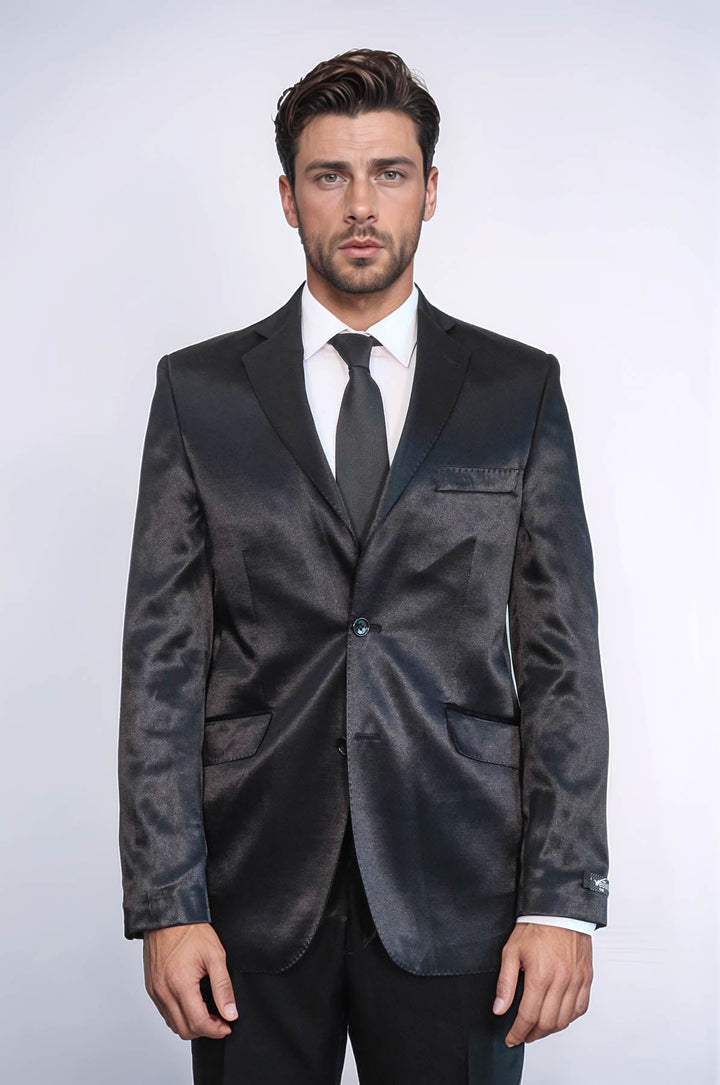 WSS Two Buttons Two Piece Slim Fit Satin Black Men Suit - Vineland