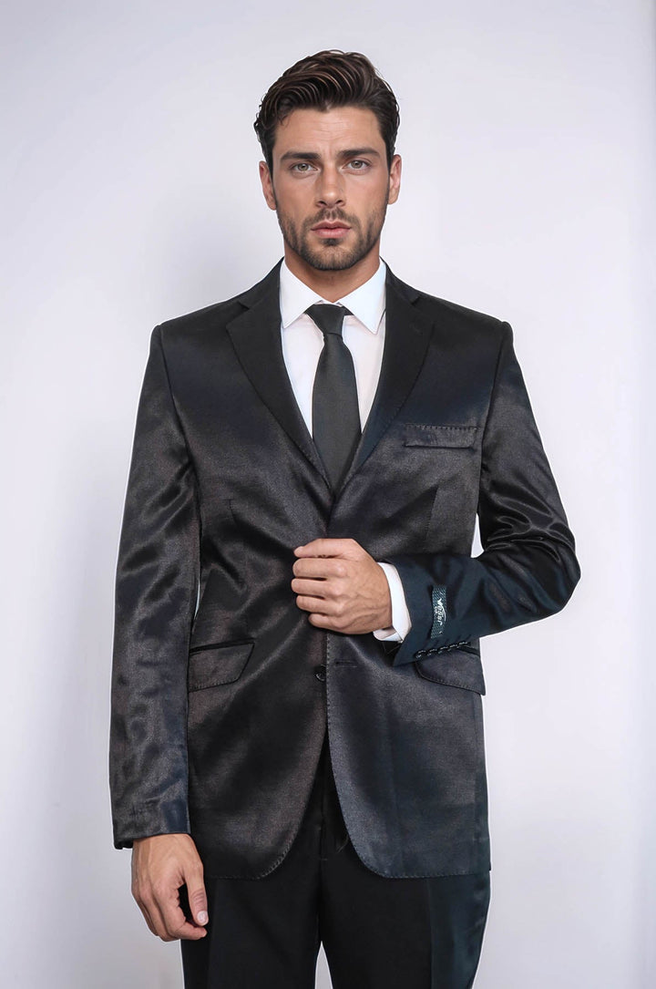 WSS Two Buttons Two Piece Slim Fit Satin Black Men Suit - Peristéri