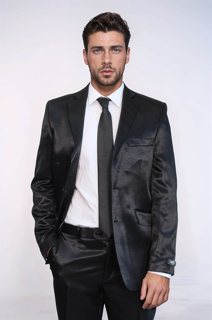 WSS Two Buttons Two Piece Slim Fit Satin Black Men Suit - Peristéri
