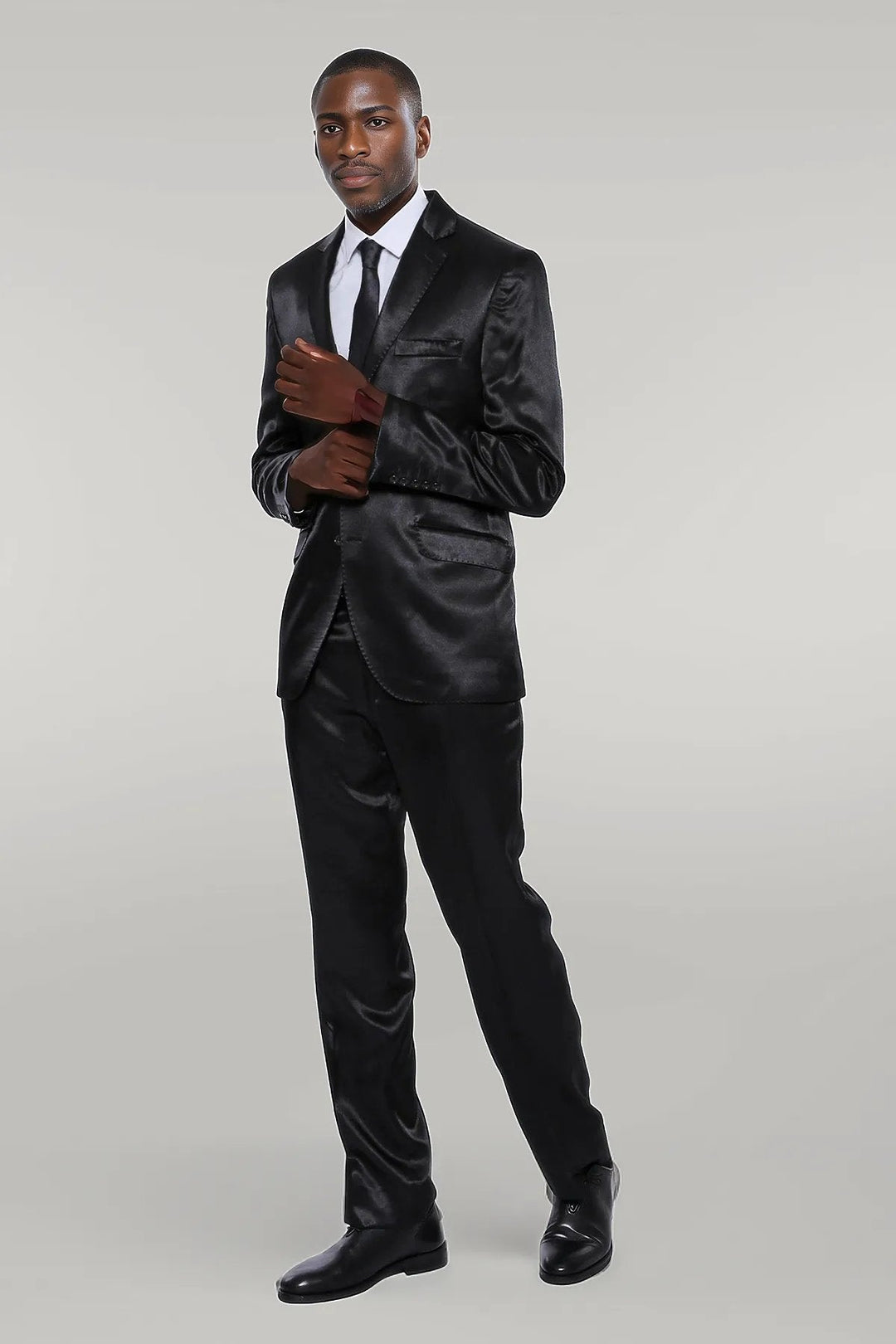 WSS Two Buttons Two Piece Slim Fit Satin Black Men Suit - Singen