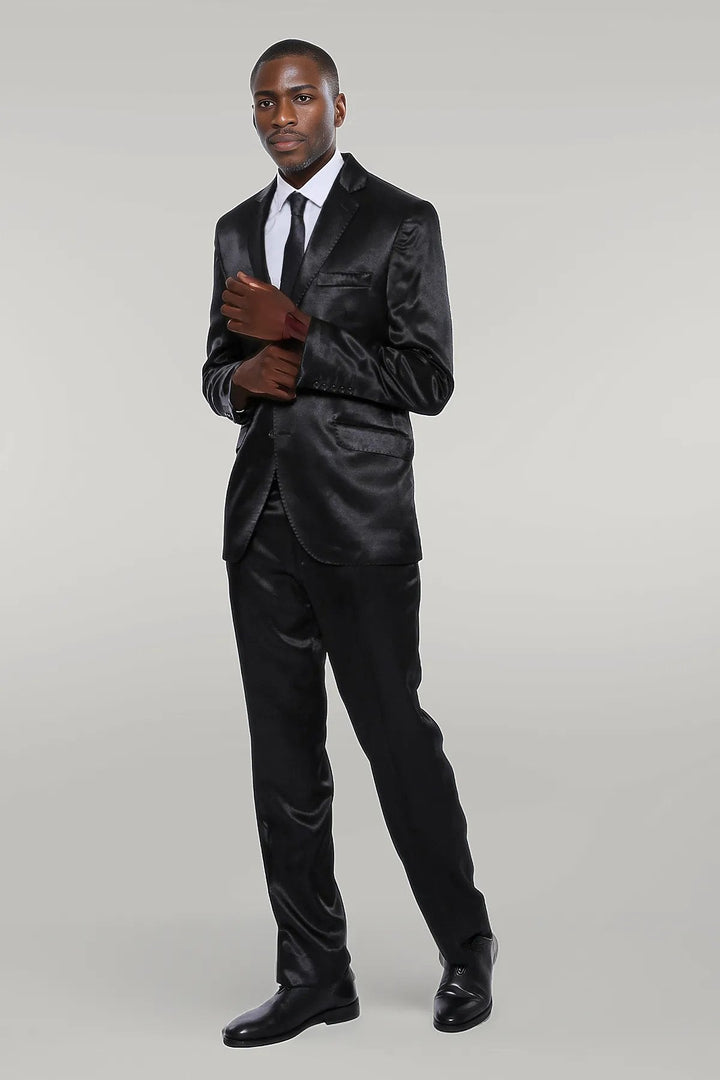 WSS Two Buttons Two Piece Slim Fit Satin Black Men Suit - Singen