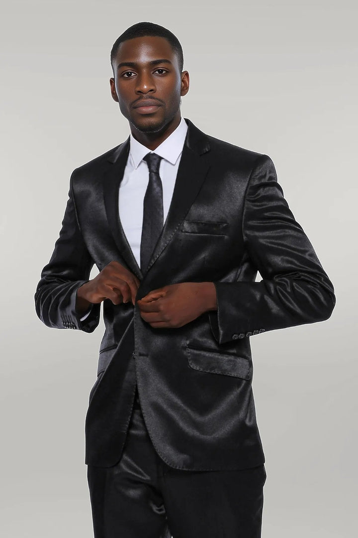 WSS Two Buttons Two Piece Slim Fit Satin Black Men Suit - Singen