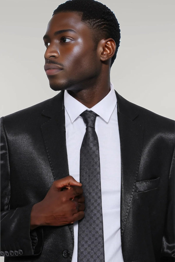 WSS Two Buttons Two Piece Slim Fit Satin Black Men Suit - Singen