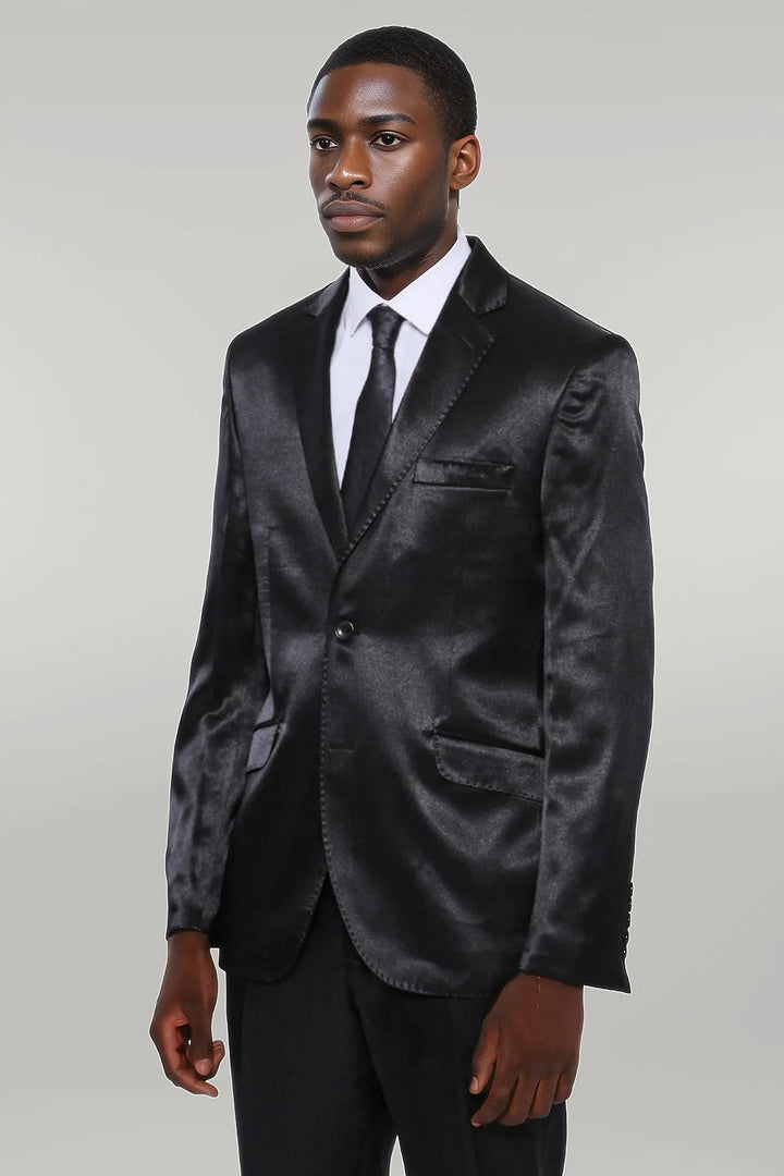 WSS Two Buttons Two Piece Slim Fit Satin Black Men Suit - Singen