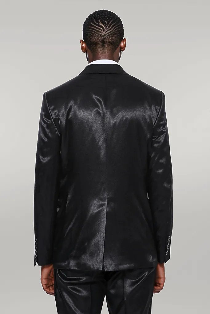 WSS Two Buttons Two Piece Slim Fit Satin Black Men Suit - Singen