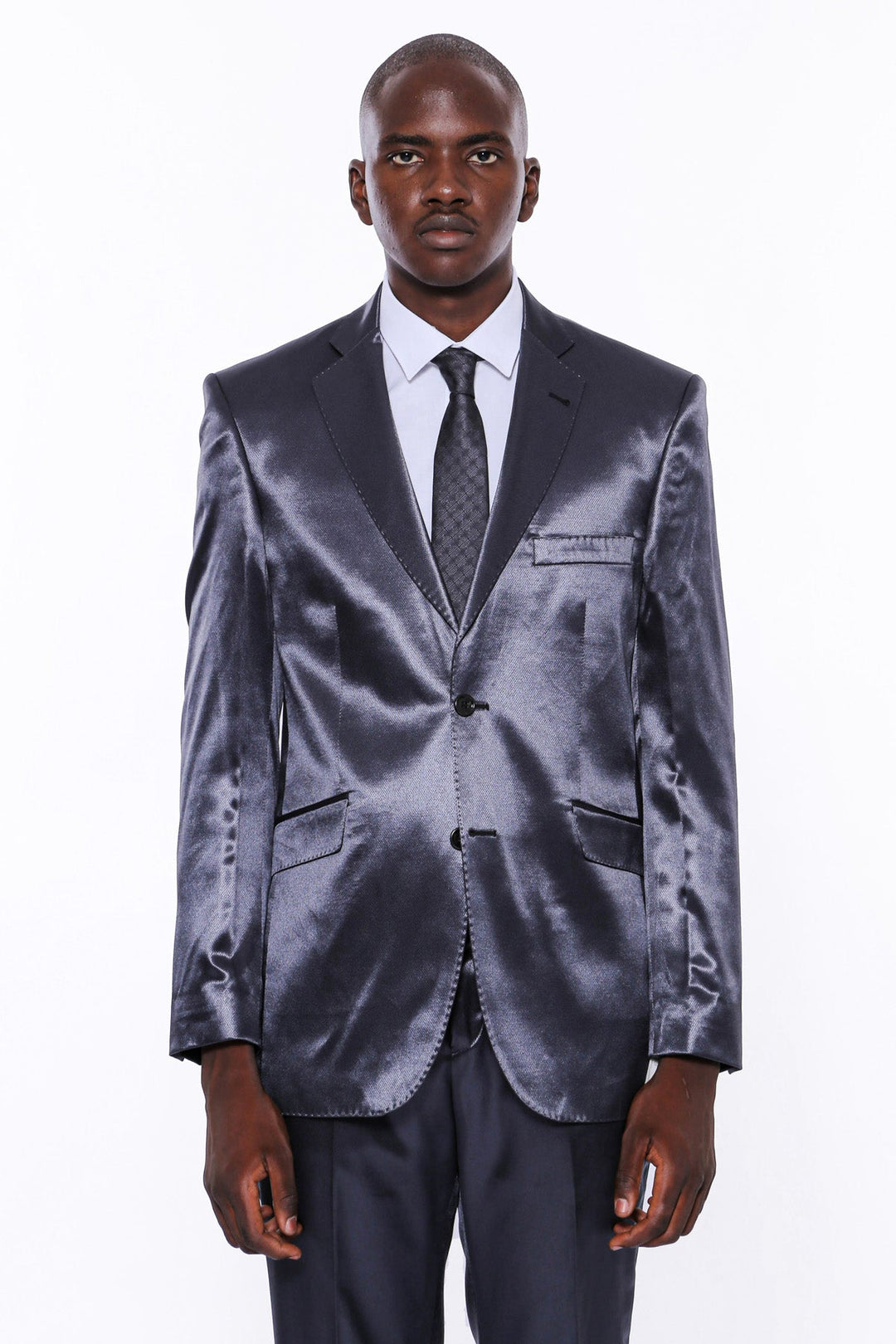 WSS Two Buttons Two Piece Slim Fit Satin Navy Blue Men Suit - Conflans-Sainte-Honorine