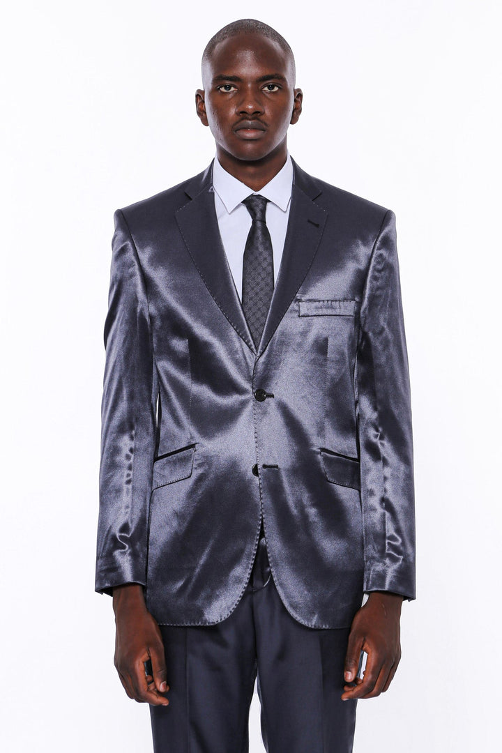WSS Two Buttons Two Piece Slim Fit Satin Navy Blue Men Suit - Conflans-Sainte-Honorine