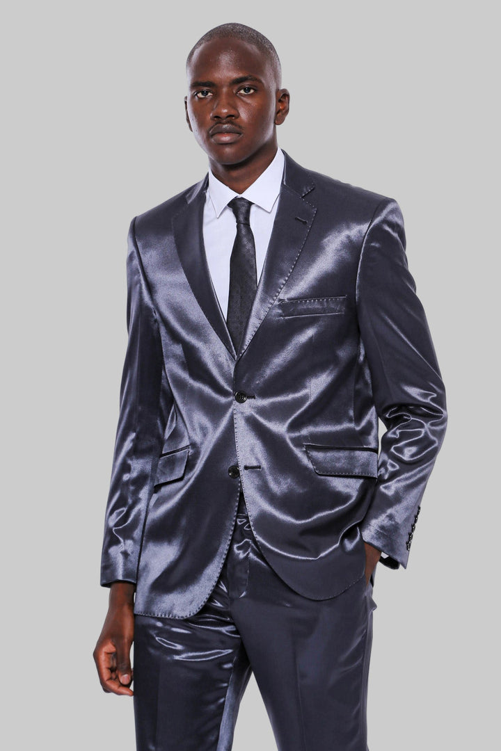 WSS Two Buttons Two Piece Slim Fit Satin Navy Blue Men Suit - Conflans-Sainte-Honorine