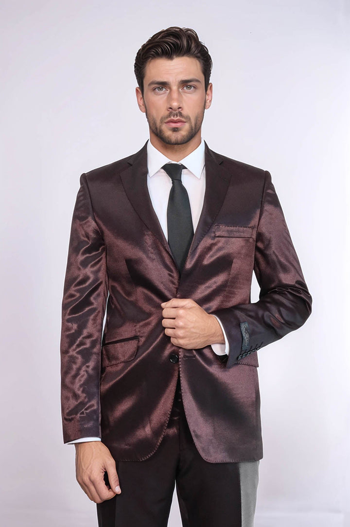 WSS Two Buttons Two Piece Slim Fit Satin Brown Men Suit - Appleton