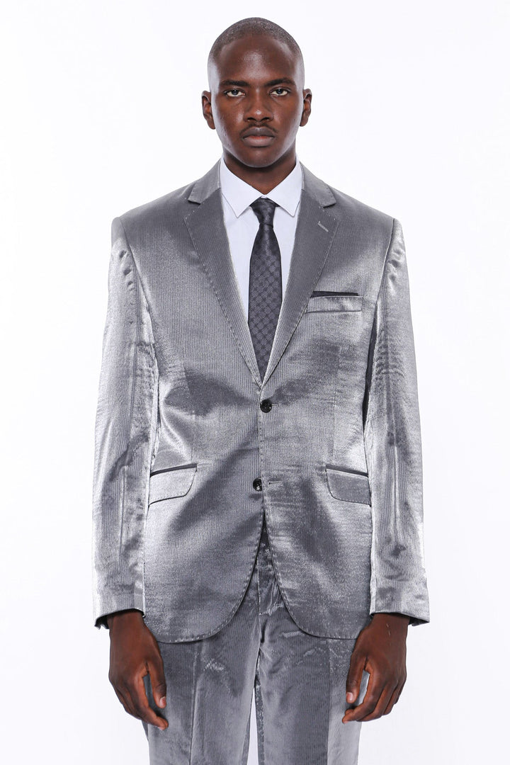 WSS Two Buttons Two Piece Slim Fit Satin Grey Men Suit - Rancho Palos Verdes