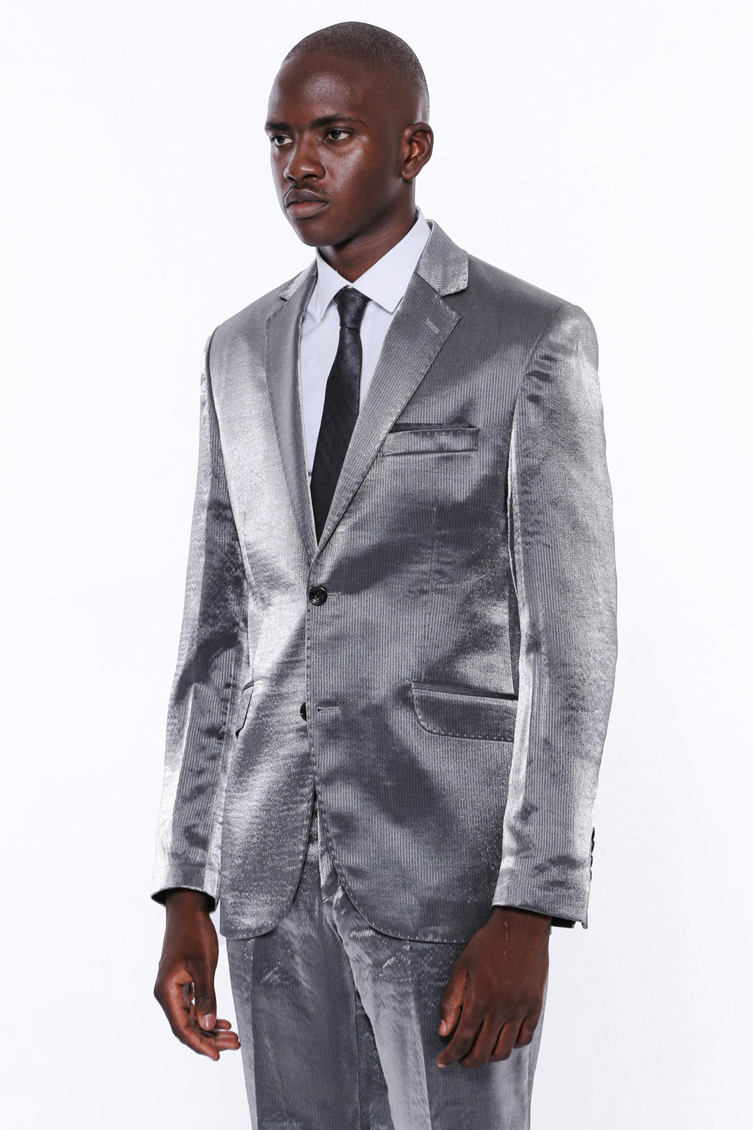 WSS Two Buttons Two Piece Slim Fit Satin Grey Men Suit - Rancho Palos Verdes