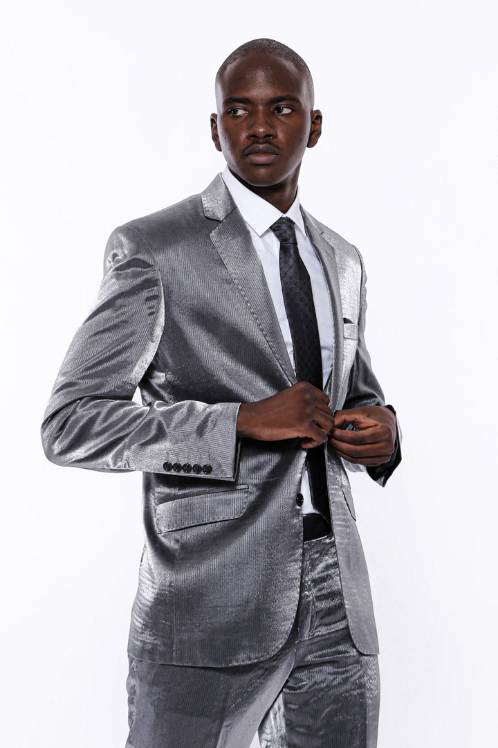 WSS Two Buttons Two Piece Slim Fit Satin Grey Men Suit - Rancho Palos Verdes