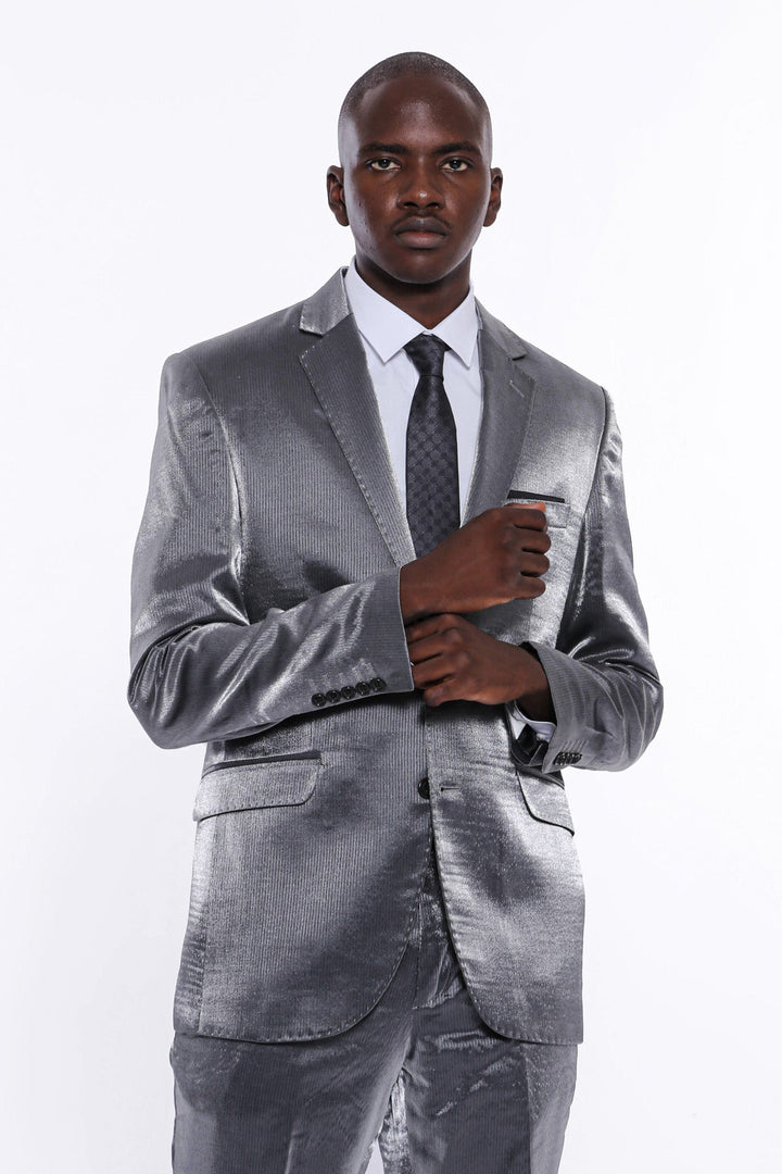 WSS Two Buttons Two Piece Slim Fit Satin Grey Men Suit - Rancho Palos Verdes