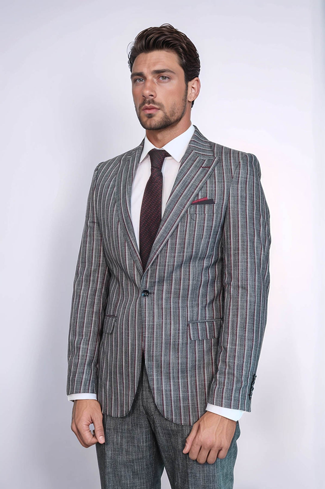 WSS Striped Two Piece Grey Men Suit  - Battle Creek