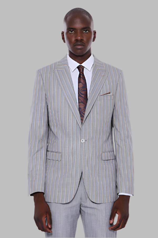 WSS Striped Blazer Plain Pants Grey Men Suit  - Singen