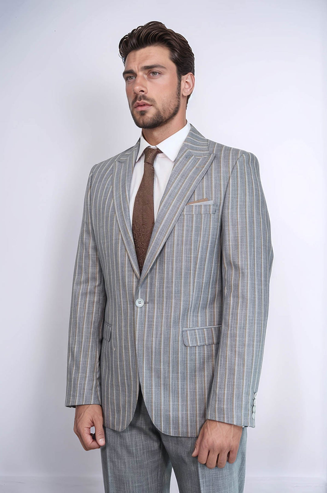 WSS Striped Blazer Plain Pants Grey Men Suit  - Valle de Bravo