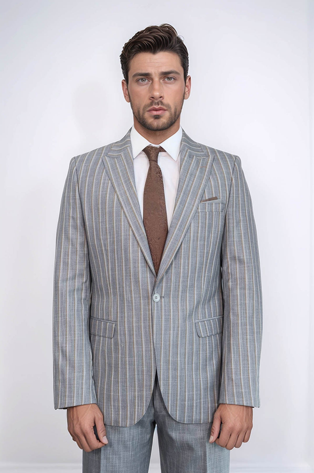 WSS Striped Blazer Plain Pants Grey Men Suit  - Valle de Bravo