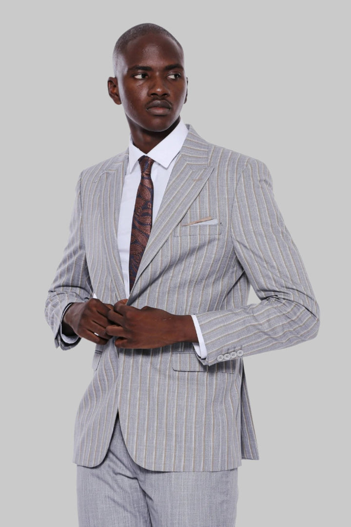 WSS Striped Blazer Plain Pants Grey Men Suit  - Singen