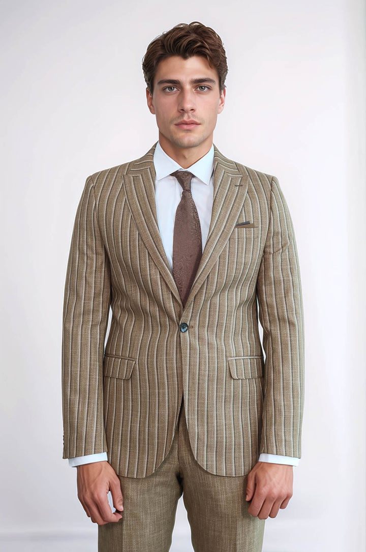 WSS Striped Blazer Plain Pants Light Brown Men Suit  - Vélez-Málaga
