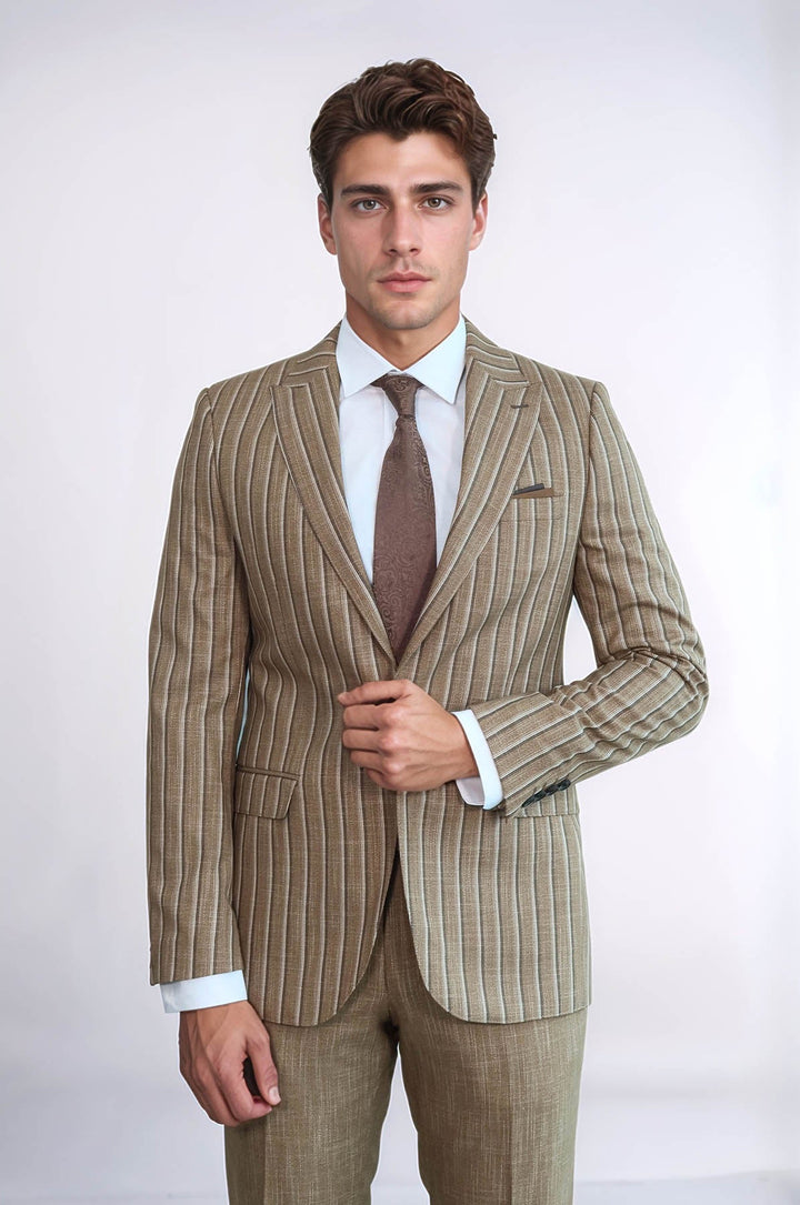 WSS Striped Blazer Plain Pants Light Brown Men Suit  - Vélez-Málaga