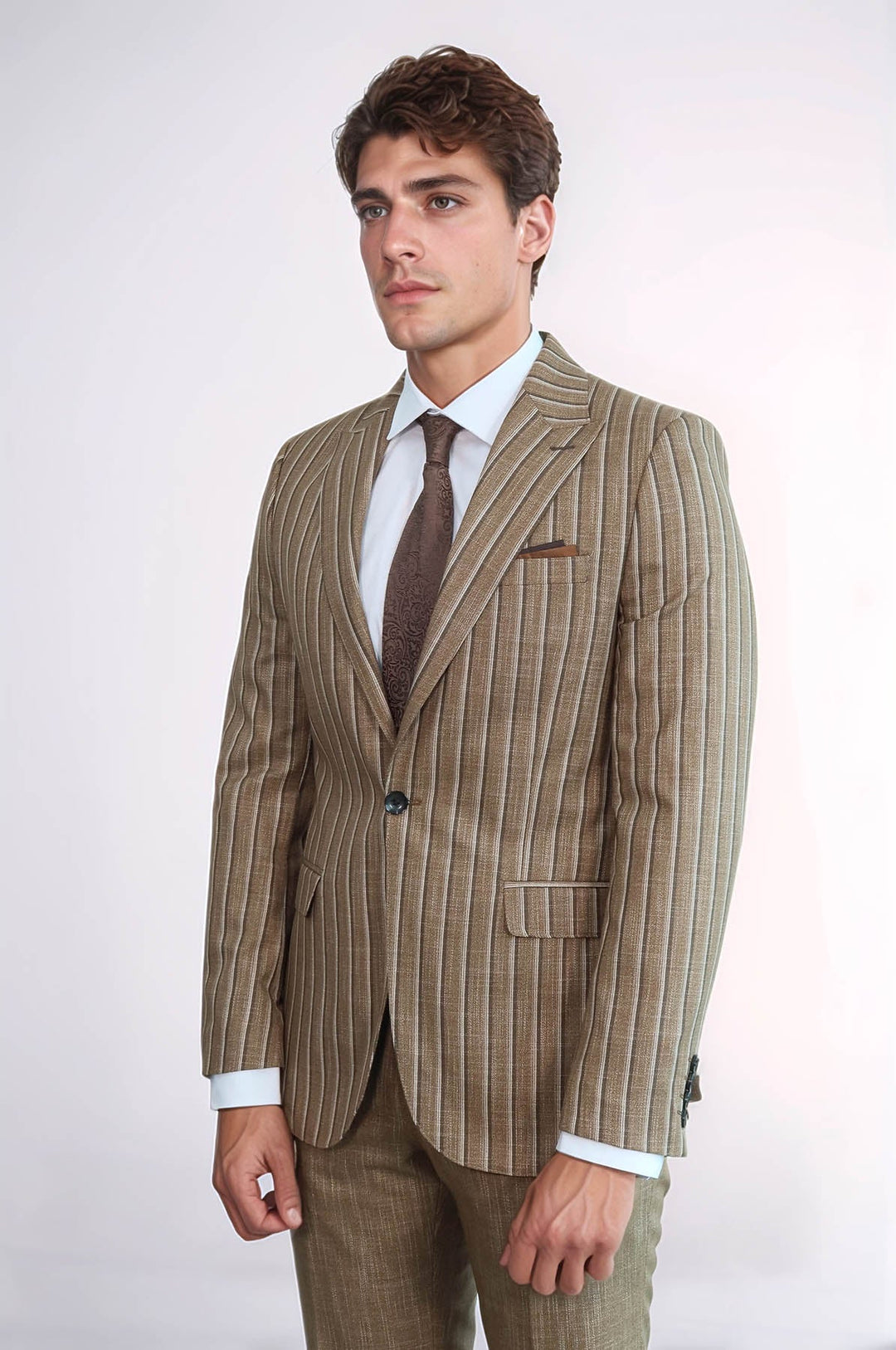 WSS Striped Blazer Plain Pants Light Brown Men Suit  - Vélez-Málaga