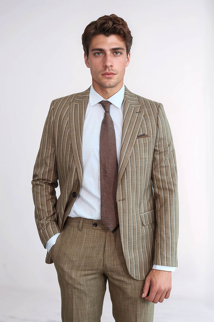 WSS Striped Blazer Plain Pants Light Brown Men Suit  - Vélez-Málaga