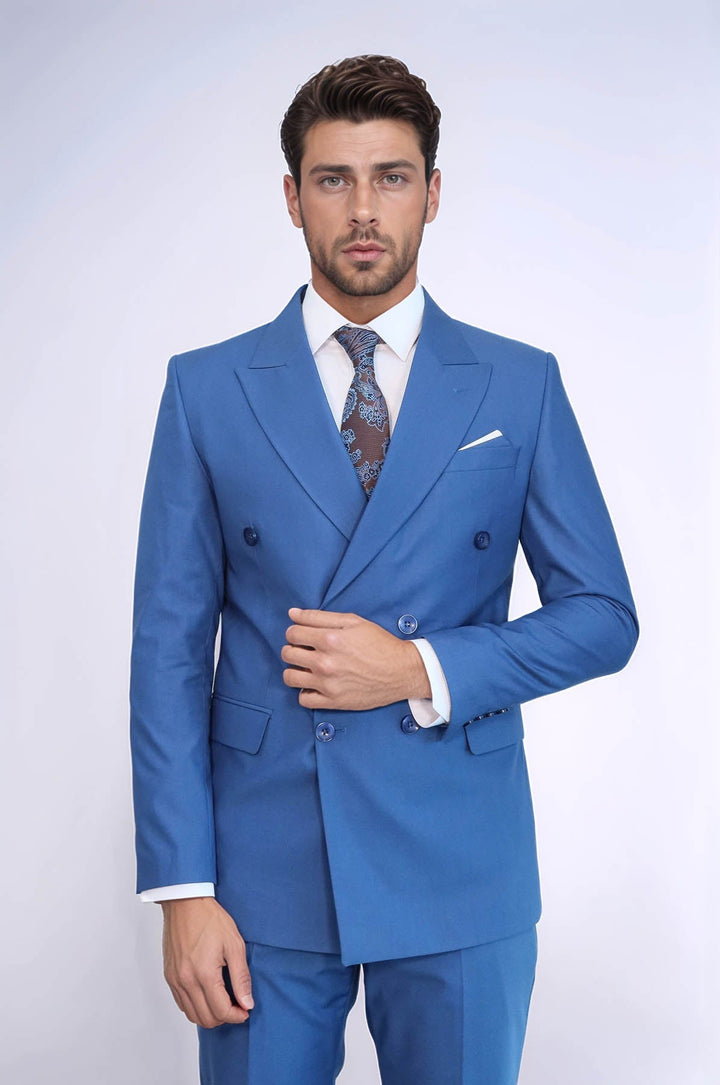 WSS Double Breasted Slim Fit Blue Men Suit  - Zacatelco