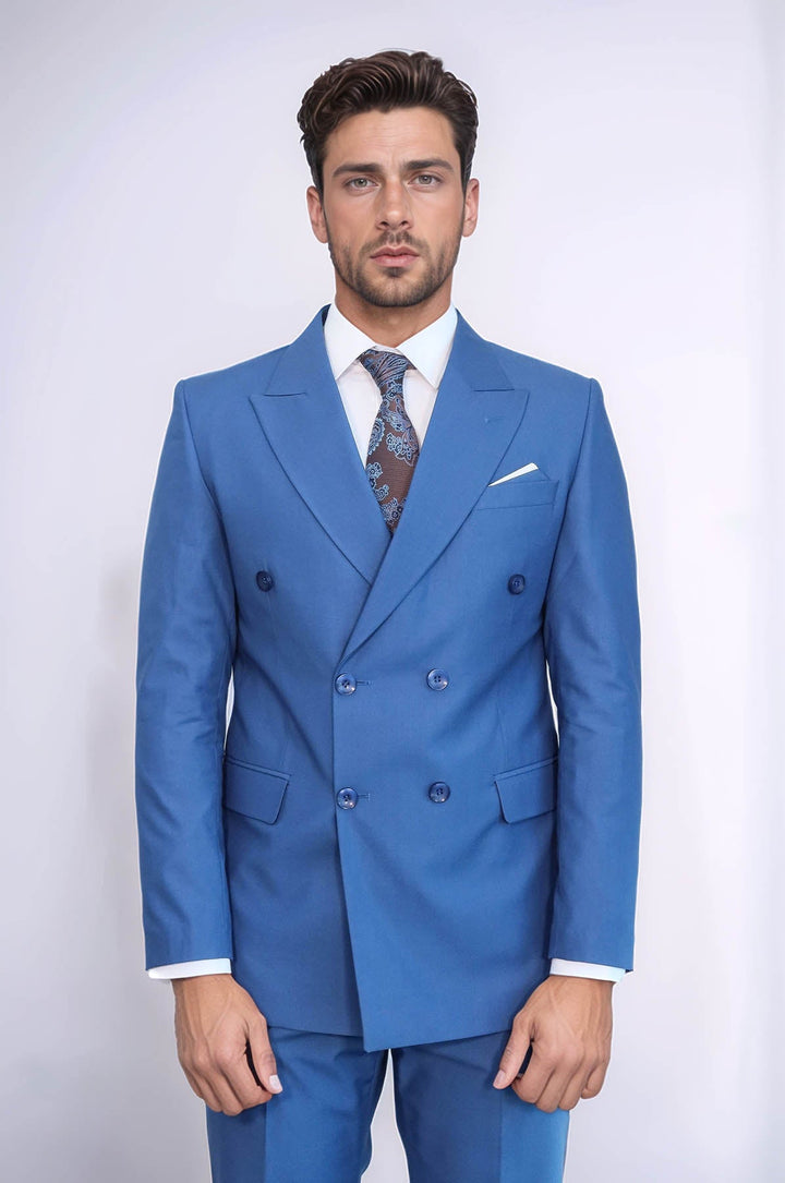 WSS Double Breasted Slim Fit Blue Men Suit  - Zacatelco