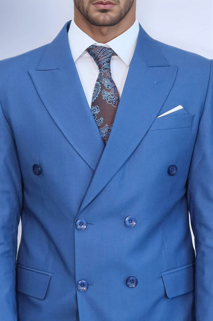 WSS Double Breasted Slim Fit Blue Men Suit  - Zacatelco