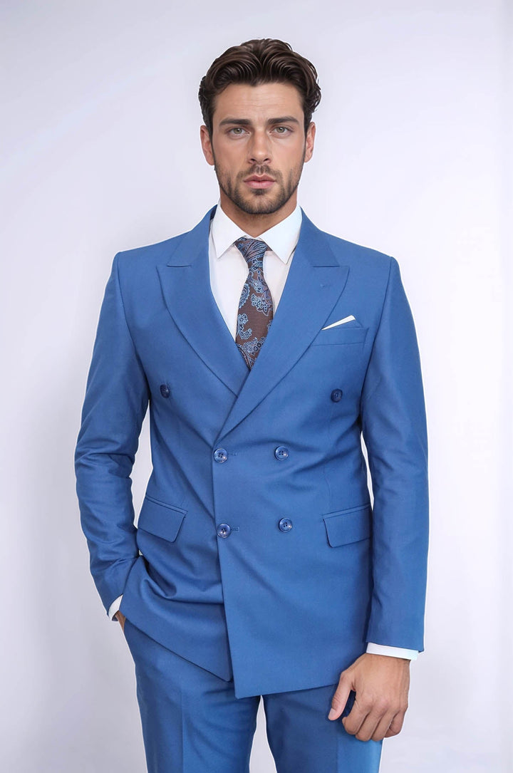 WSS Double Breasted Slim Fit Blue Men Suit  - Zacatelco