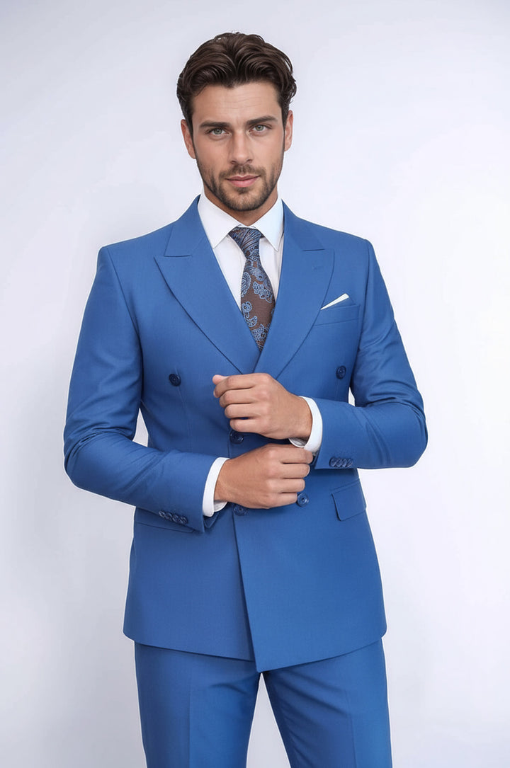 WSS Double Breasted Slim Fit Blue Men Suit  - Richardson