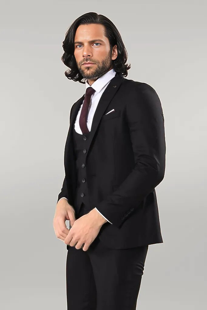 WSS Notch Lapel Slim Fit Single Button Black Suit  - Encarnación de Díaz