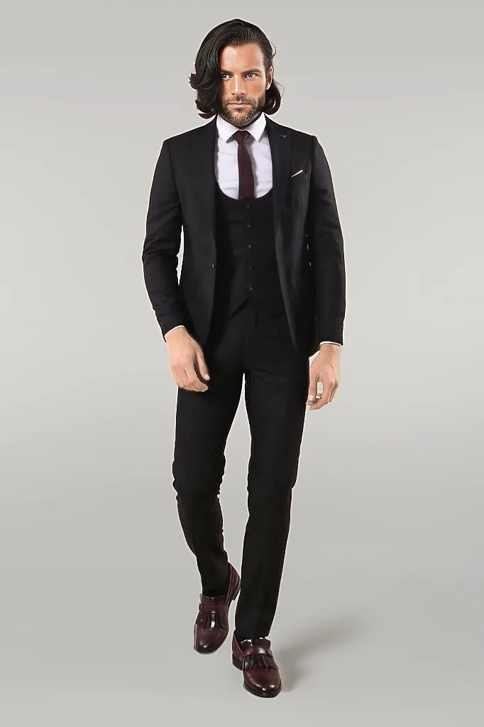 WSS Notch Lapel Slim Fit Single Button Black Suit  - Encarnación de Díaz