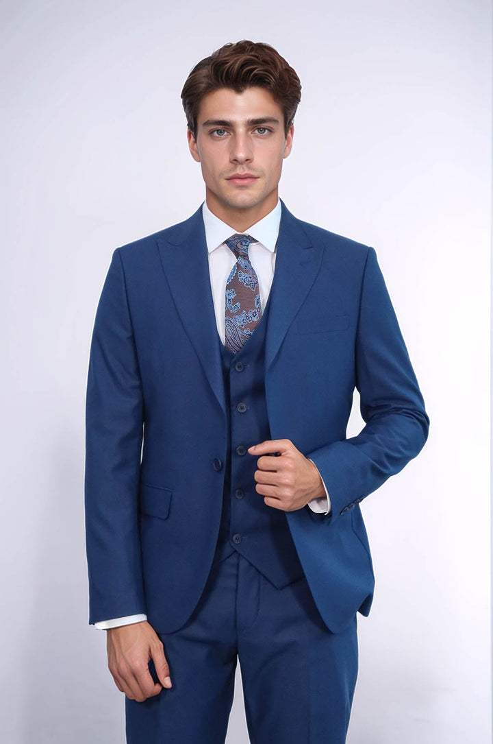 WSS Blue Men's Plain Suit with Vest  - Tequisquiapan