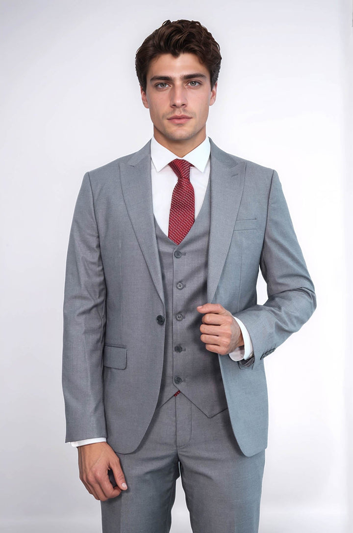 WSS Grey Men's Plain Suit with Vest  - Guiseley