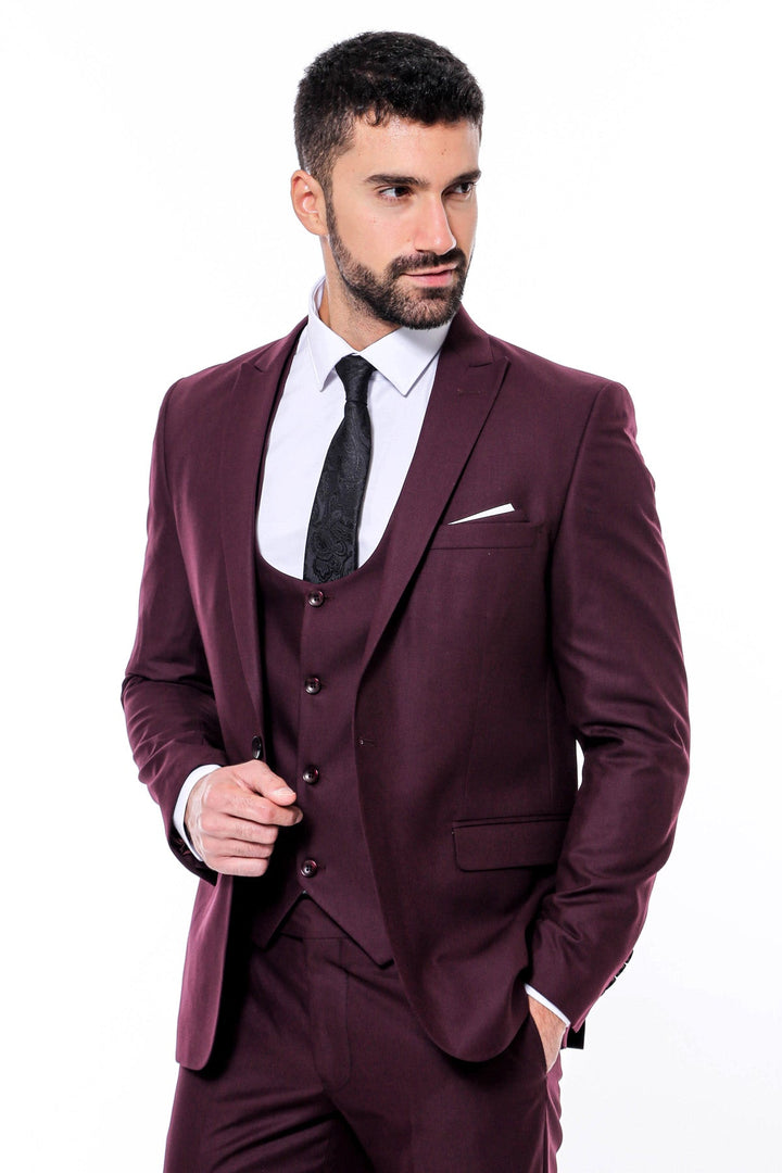 WSS Plain Slim Fit Burgundy Men Suit  - Vista