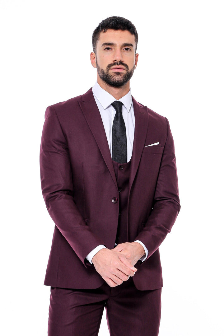 WSS Plain Slim Fit Burgundy Men Suit  - Vista