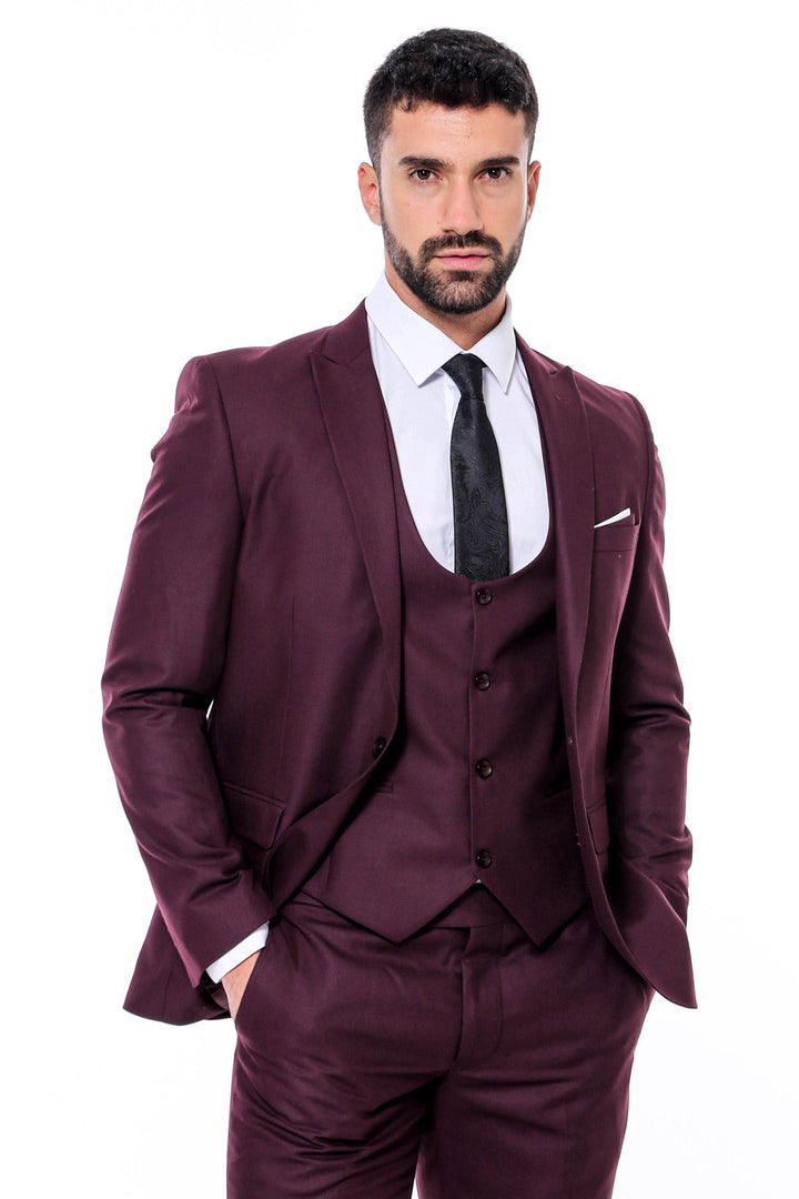 WSS Plain Slim Fit Burgundy Men Suit  - Vista
