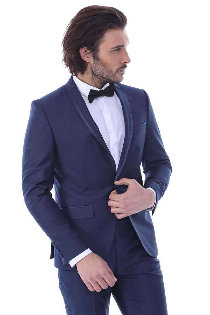 WSS 2 Piece Tuxedo Collar Piping Navy Blue Suit- - Middletown