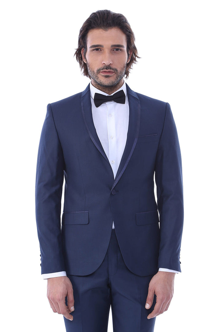 WSS 2 Piece Tuxedo Collar Piping Navy Blue Suit- - Middletown