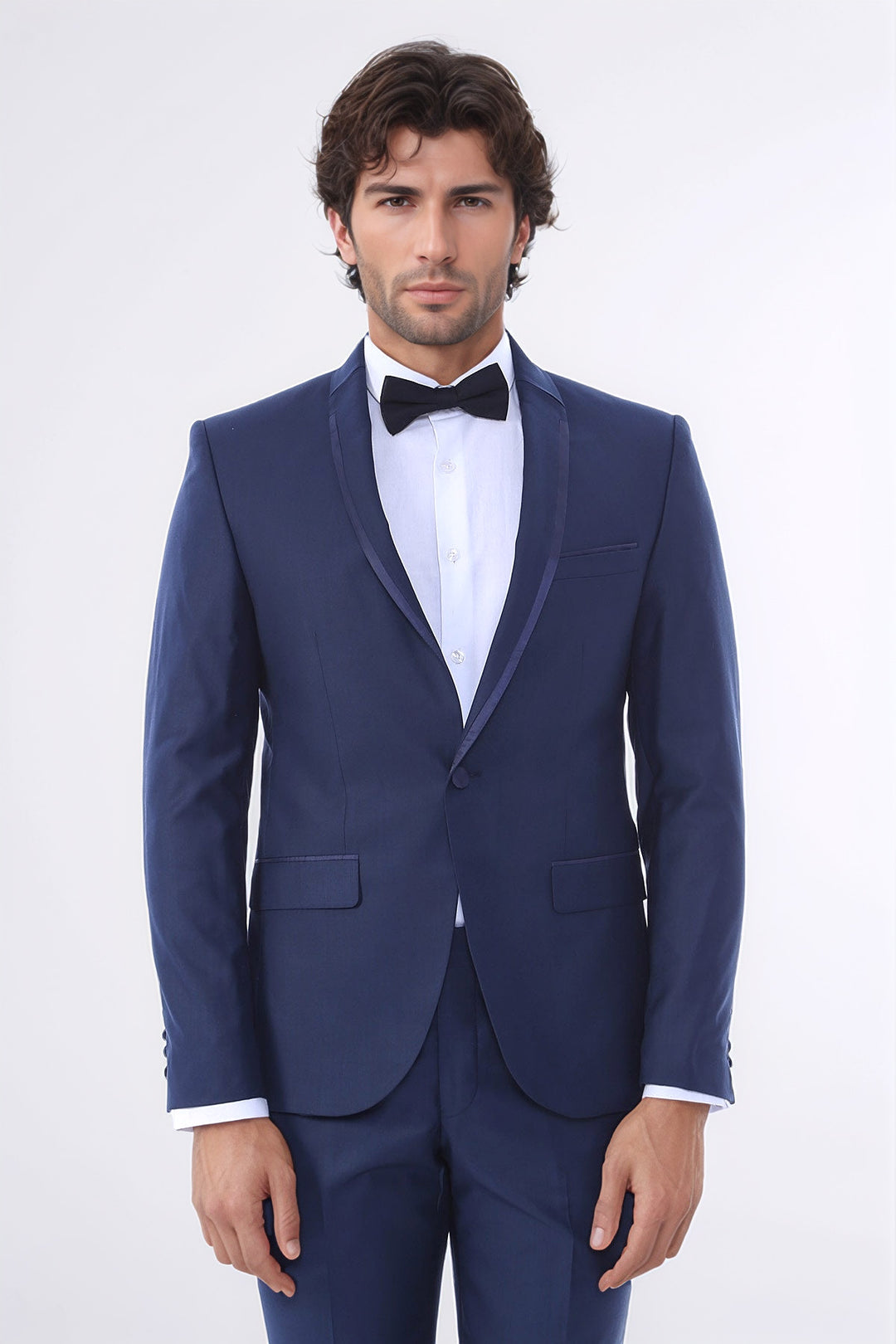 WSS 2 Piece Tuxedo Collar Piping Navy Blue Suit- - Deltona