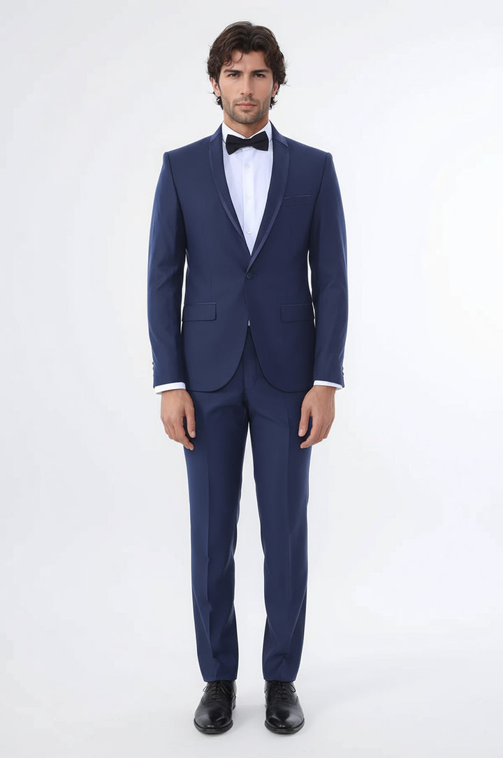 WSS 2 Piece Tuxedo Collar Piping Navy Blue Suit- - Deltona