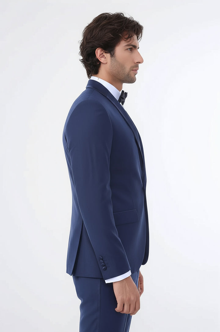 WSS 2 Piece Tuxedo Collar Piping Navy Blue Suit- - Deltona