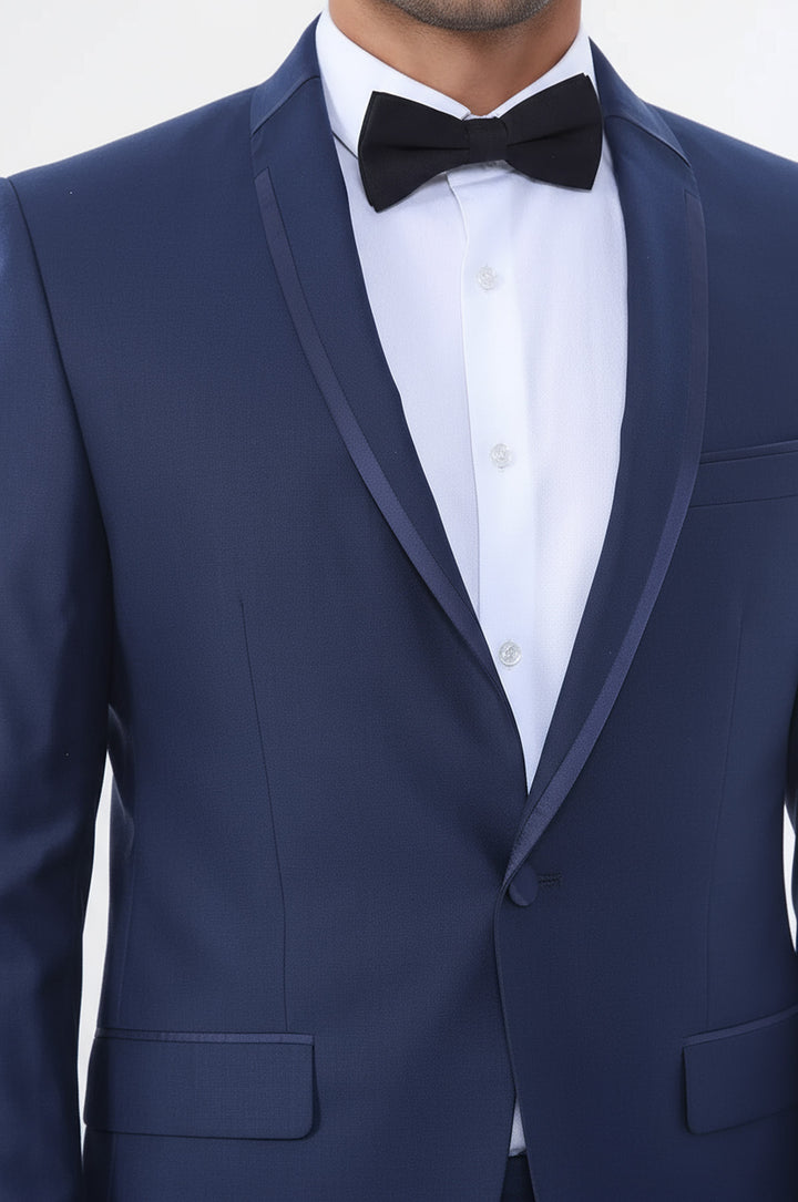 WSS 2 Piece Tuxedo Collar Piping Navy Blue Suit- - Deltona