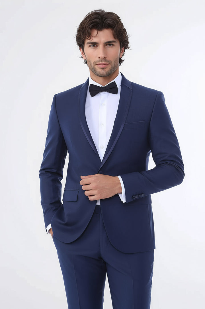 WSS 2 Piece Tuxedo Collar Piping Navy Blue Suit- - Deltona