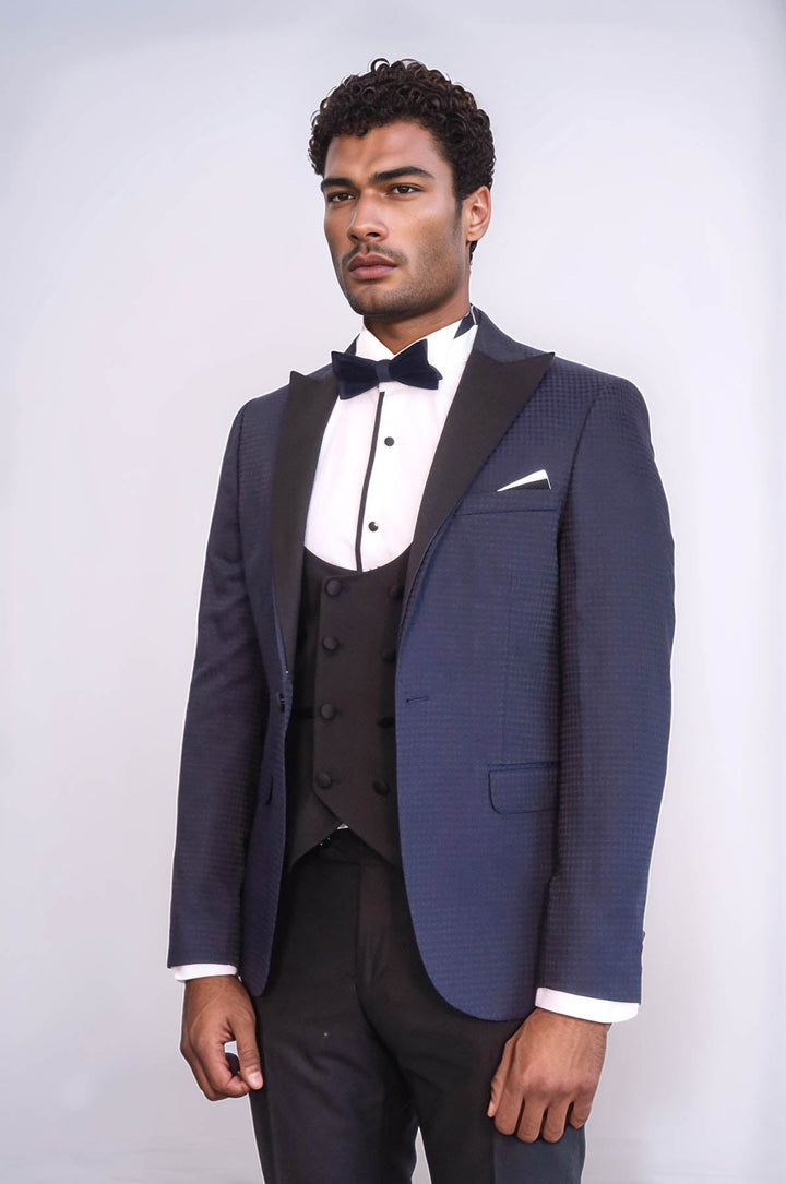 WSS Patterned Jacket Combined Navy Blue Tuxedo  - Oleiros